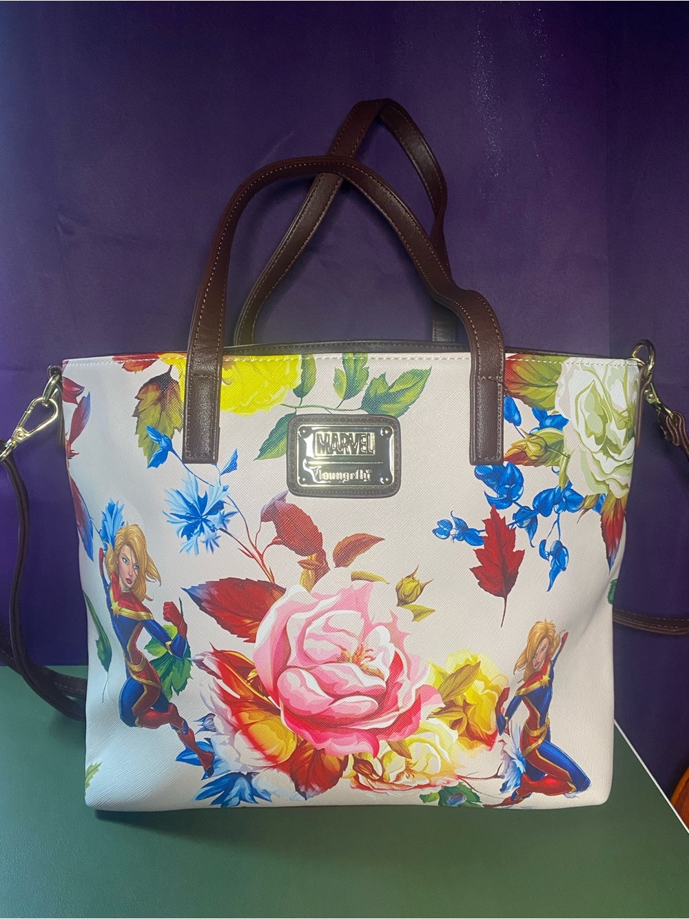 Loungefly Floral Captain Marvel Tote - White/Pink/Blue